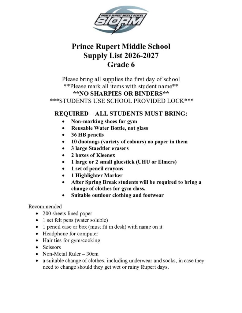 thumbnail of Grade 6 supply list